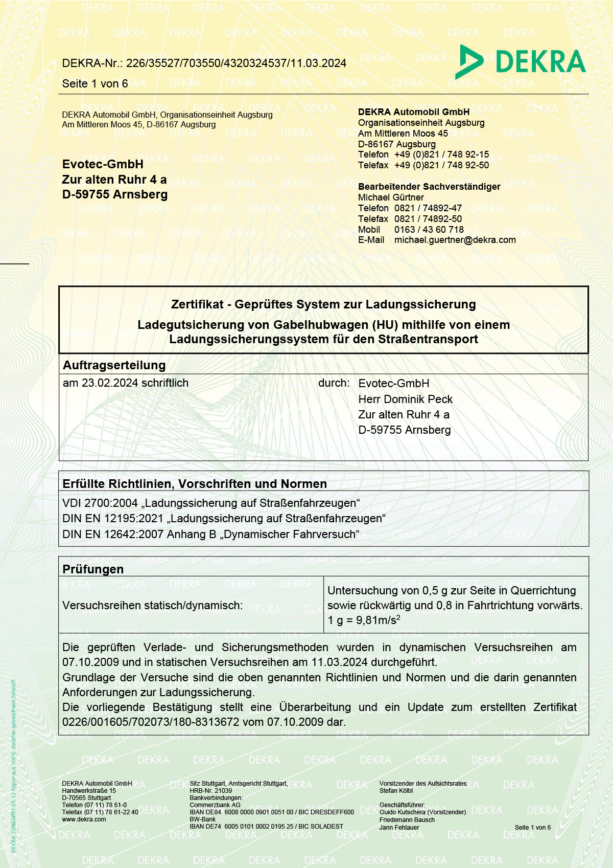 DEKRA-Zertifikat der Hubwagen-Sicherung